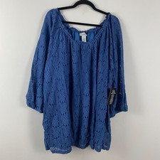 Catherines Stretch Lace Peasant Blouse Size 4X Blue 3/4 Sleeves Lined