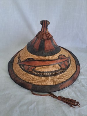 AFRICAN ''FULANI'' HAT West Africa Elephant Grass w/ Leather Crafts Wodaabe Herder