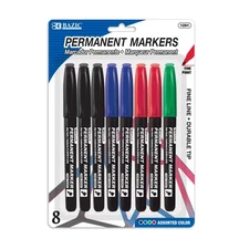 BAZIC Assorted Colors Fine Tip Permanent Marker w/ Pocket Clip (8/Pack), 24-pack