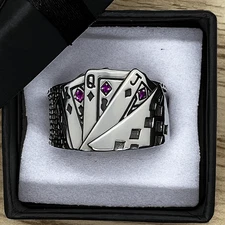 Mens 925 Sterling Silver Ring Royal Flush Playing Card Resize Adjustable