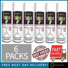 6 x WHITE SATIN FINISH AEROSOL SPRAY PAINT 250ML FOR METAL WOOD PLASTIC FAST DRY