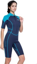 Women's Wetsuit Shorty, 3mm Front Zipper Neoprene Diving Suit, Blue, Medium