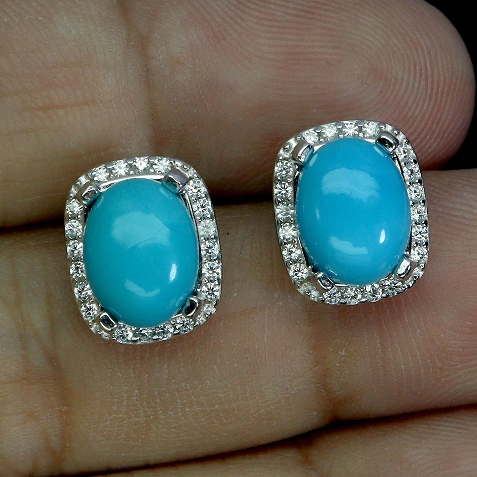925 Sterling Silver Earrings Oval Turquoise 9x7mm Natural Gemstone Jewelry - Image 2 of 4