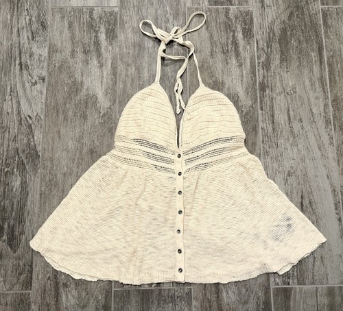 AMERICAN EAGLE Sz Small Crochet Knit Halter Tank Top 100% Cotton Ivory Lined - 第 1/8 張圖片