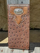 Ostrich Print Leather Checkbook Wallet with Praying Cowboy Concho on Cowhide