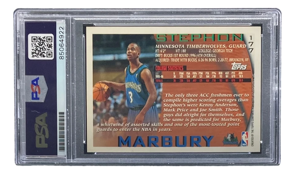 Stephon Marbury Signed 1996 Topps #177 Timberwolves Rookie Card PSA/DNA - Image 2 of 4