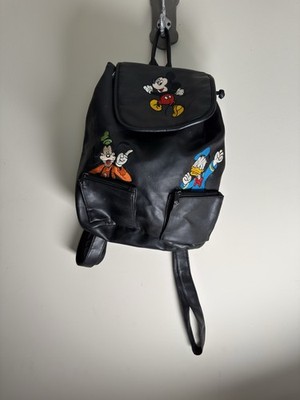 Vintage Disney World Black Faux Leather Mickey Goofy Donald Duck Backpack