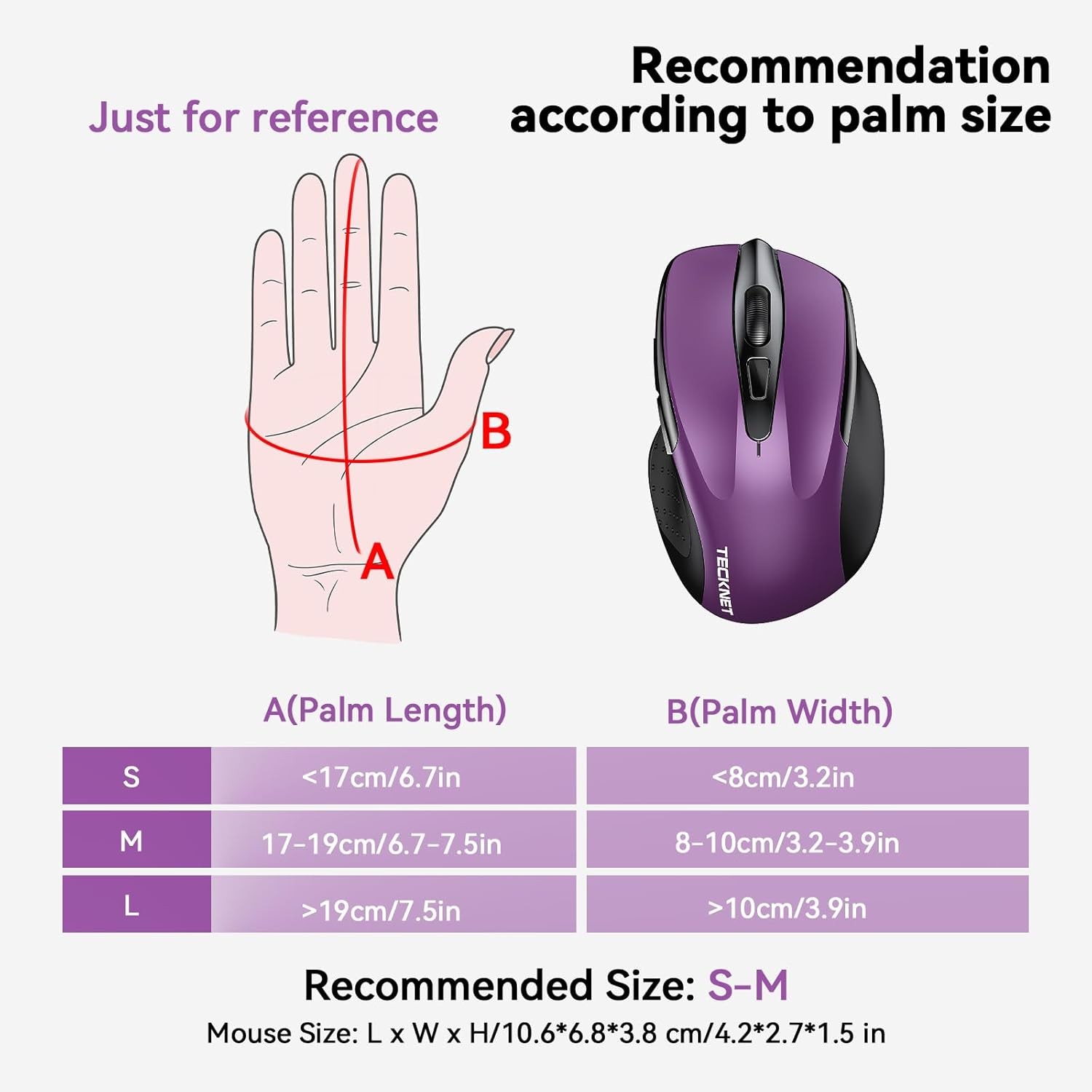 TECKNET Wireless Mouse, 2.4G Ergonomic Optical Computer Mouse Purple 