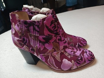 Billy Ella Ankle Boots Size 7 Purple Floral Velvet Block Heel Chelsea Booties