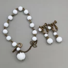 Miriam Haskell Vintage White Glass Bead Brass Jewelry Set Bracelet Earrings