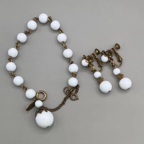 Miriam Haskell Vintage White Glass Bead Brass Jewelry Set Bracelet Earrings