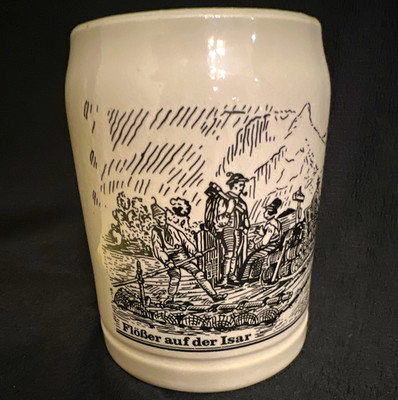 Vintage German Beer Mug Scenic People Print ''Flößer auf der Isar'' Rafting 