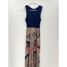 Gilli Navy Blue Paisley Print Maxi Dress V Neck Sleeveless Made in USA