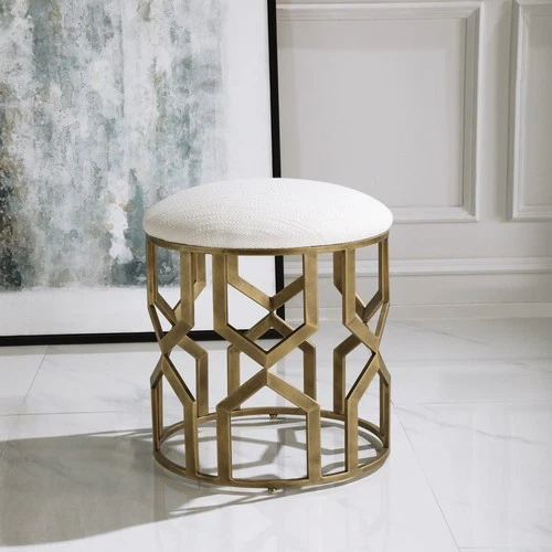 Uttermost 23579 Trellis 18"W Iron Framed Accent Stool - Crisp White / Brass - Picture 2 of 4