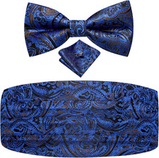 Mens Cummerbund and Bow Tie Set Paisley Floral Pretied Bowties for Men Pocket Sq