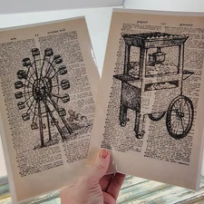 Ferris Wheel and Popcorn Cart Vtg Dictionary Page Decor Carnival Nostalgia Pair
