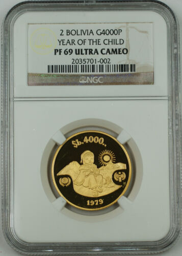 1979 Bolivia 4000 Pesos Gold Coin, NGC PF-69 UC, Year of the Child KM#199 - Picture 1 of 1