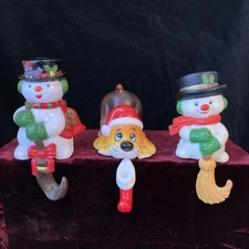 Lot Of 3 Christmas Stocking Hangers, Hard Plastic, Two Snowmen & Puppy, VINTAGE