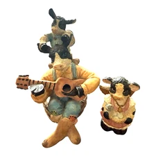 Young's Inc. Country Cows White Black Guitar Banjo Playing Resin Figure Lot of 2