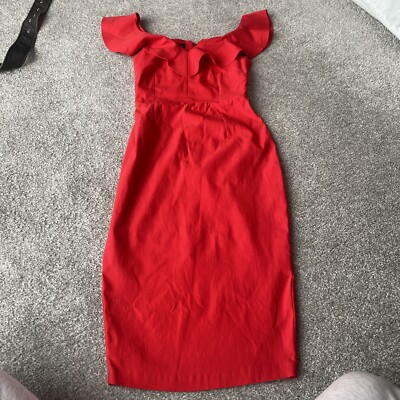 Vesper Red Bardot Midi Dress Size UK