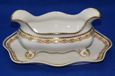 Old Abbey Limoges Yellow Gold Gravy Boat or Sauce Bowl with Underplate, 8 3/4"