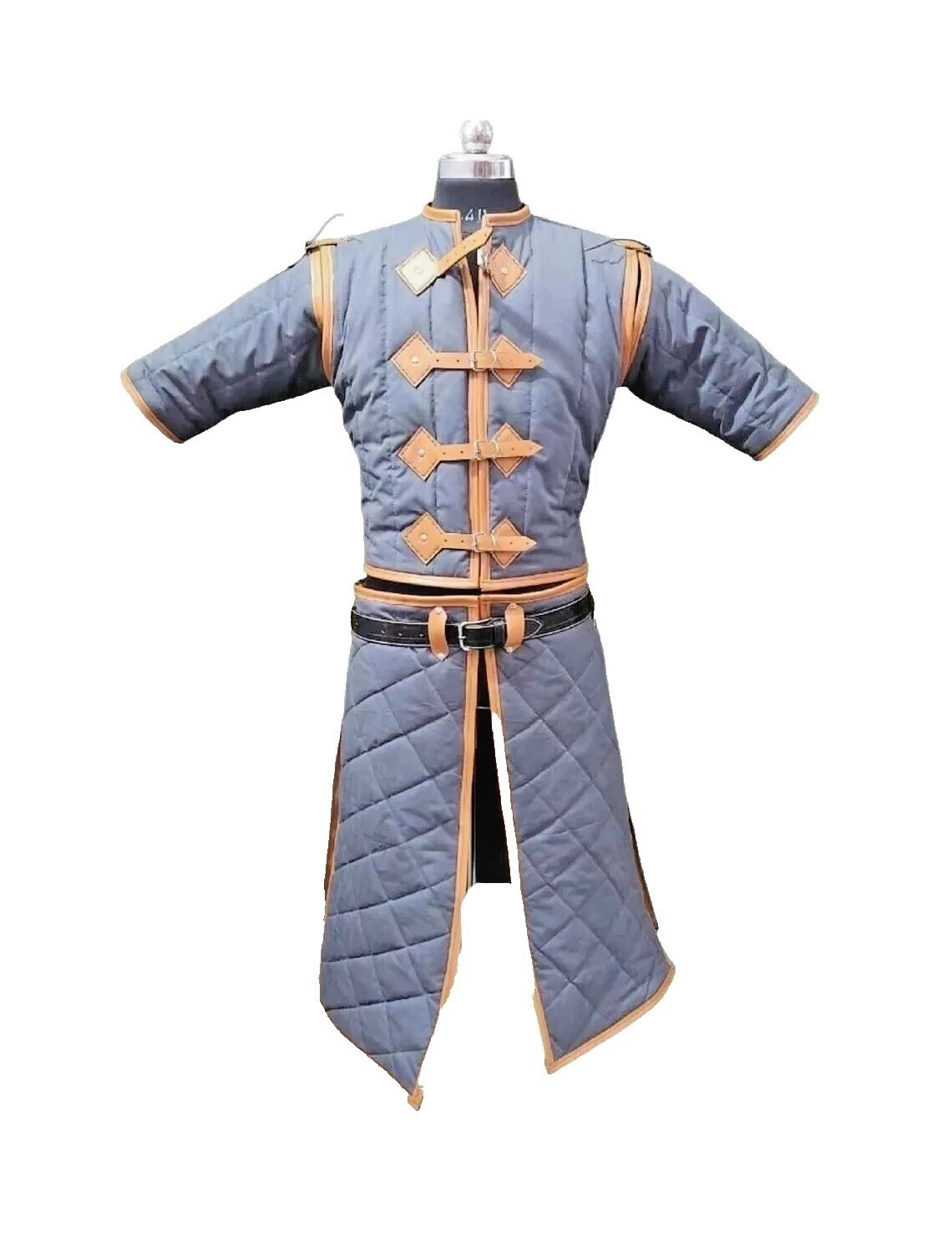 Medieval Thick Padded Cotton Gambeson Jacket w/ Brown Leather Trim for LARP