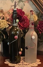 Decorative Oil & Vinegar Wine Bottle Cruet Set; W/Curved Metal & Bead Design