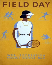POSTER FIELD DAY SPORT TENNIS RUNNING JUMPING THROWING VINTAGE REPRO FREE S/H
