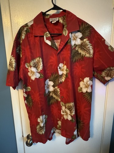 Pacific Legend Mens Hawaiian Shirt Red Hibiscus Floral Cotton Made in US Size L - Picture 3 of 6