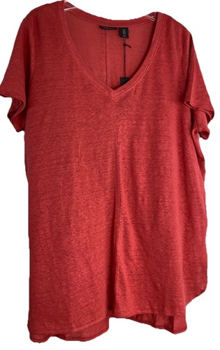 Tahari Women's 100% Linen 1X Rust V-Neck Short Sleeve Tunic Top Hi Low Hem NWT