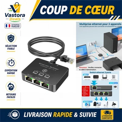 KiWiBiRD Répartiteur Ethernet RJ45 3 Ports 1000Mbps pour Cat 5/6/7/8 - Photo 1/4