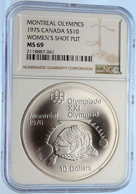 1975 CANADA Elizabeth II Olympic Montreal SHOT PUT Silver $10 Coin