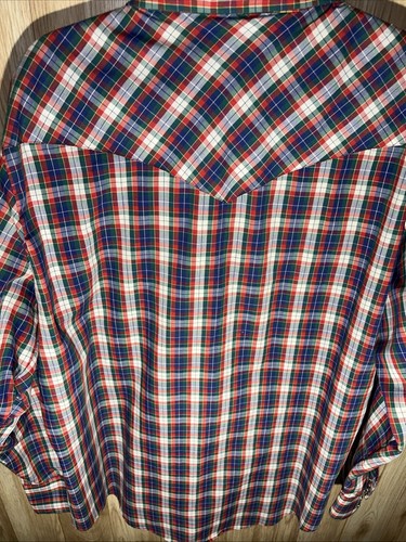 Vintage Roebucks Herren XL rot blau grün Perlen Druckknopf kariert Langarm - Bild 6 von 8