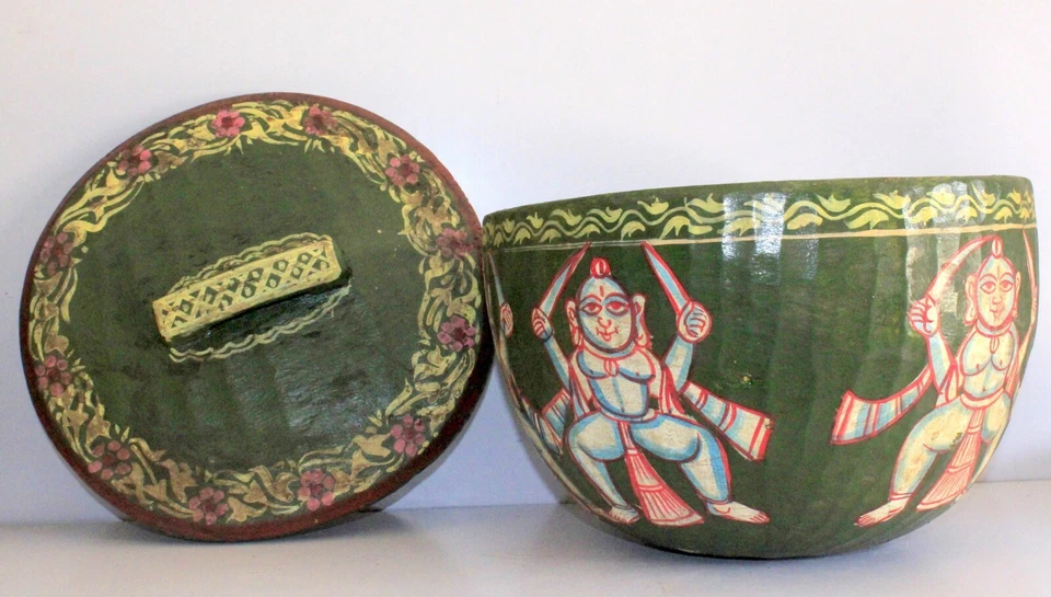 Diosa tribal de madera vintage con olla de pintura de espada con tapa cuenco grande Foto 4 de 4