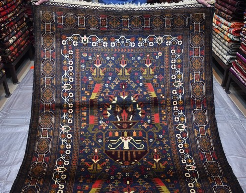 Blue Vintage Afghan Baluchi Persian Tribal Rug 4x7 Handmade Oriental Wool Carpet - Picture 2 of 12