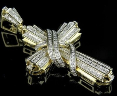 2.25Ct Lab Created Diamond Cross Pendant Gift For Him 14K Yellow Gold Plated
