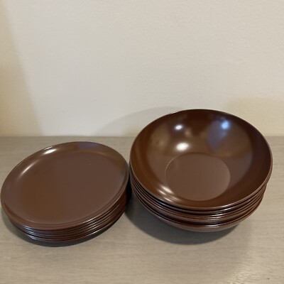 Vintage Allied Chemical Melamine Brown Plate Bowl 14 PCs