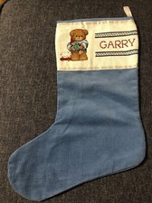 Finished Christmas Stocking Counted Cross Stitch GARRY Teddy Bear Toys Corduroy