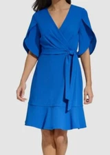 DKNY Women's Blue Surplice Neck Tulip Sleeve Self-Tie Dress Size 6