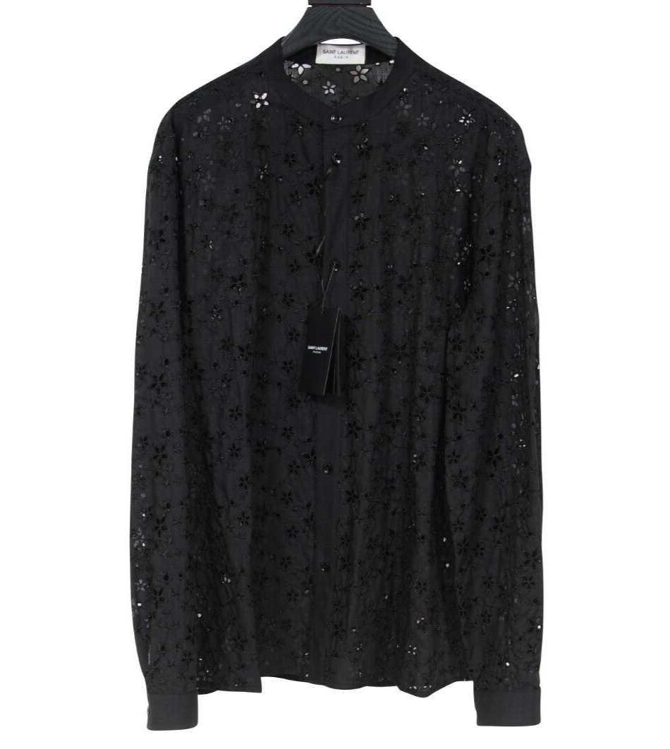 Saint Laurent tunica uomo stella camicia abbottonata taglia 41 16 nero Broderie Anglais