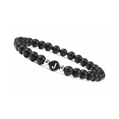 US Initialen Armband 6mm matt schwarz Onyx Buchstabenarmband Alphabet Paar Unisex - Bild 20 von 36