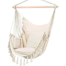 Macrame Hammock Chair Swing Durable Cotton Rope Seat with Cushions Pocket 500 lb