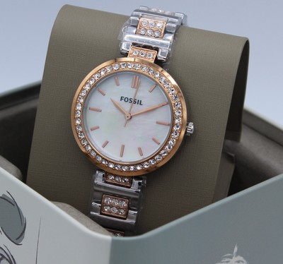 NEW AUTHENTIC FOSSIL KARLI CRYSTALS ROSE GOLD SILVER MOP WOMEN
