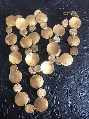 Boho Gypsy Belly Dance Hammered Brass Coin Long 34  Necklace