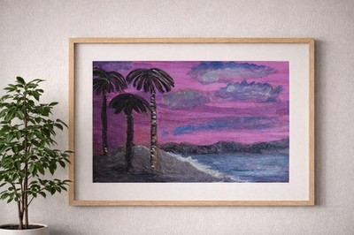 Tropical Sunset Beach Painting 11x14 Original Acrylic.