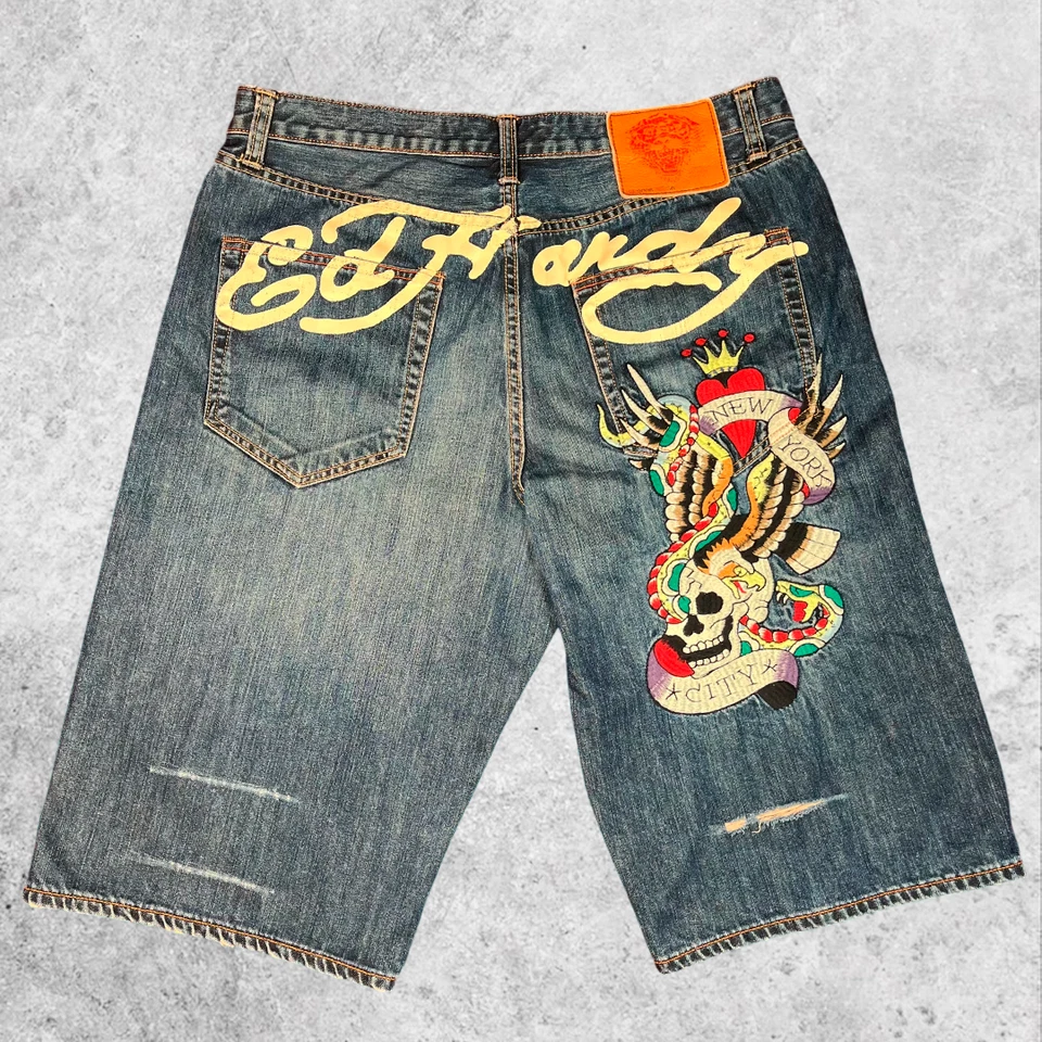 Ed Hardy Denim Shorts NYC Skull Snake Tattoo Embroidery Dark Wash Y2K Streetwear - Bild 1 von 4