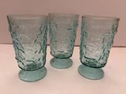 3 Vintage Anchor Hocking Lido Milano Aqua Blue Crinkle Drink Glasses On Pedestal