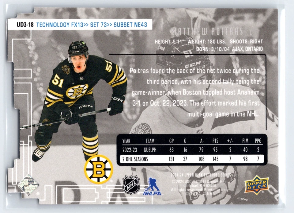 2023-24 Upper Deck Extended Series Matthew Poitras 1998 99 UD3 RC #UD3-18 Bruins - Image 2 of 2