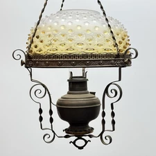 Antique Electrified Kerosene Pull Down With Amber Frost Hobnail Shade