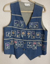 Vintage 90s Casey Max Womens Medium Denim Embroidered Floral Vest Cottage READ